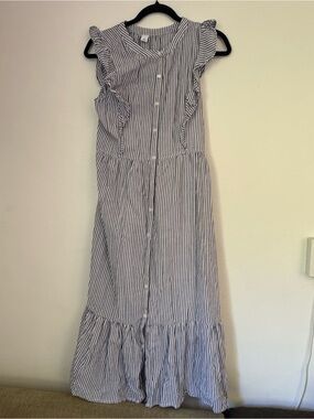 Striped Maxi Dress with Ruffle Sleeves - Blue & White costal dress Size Small